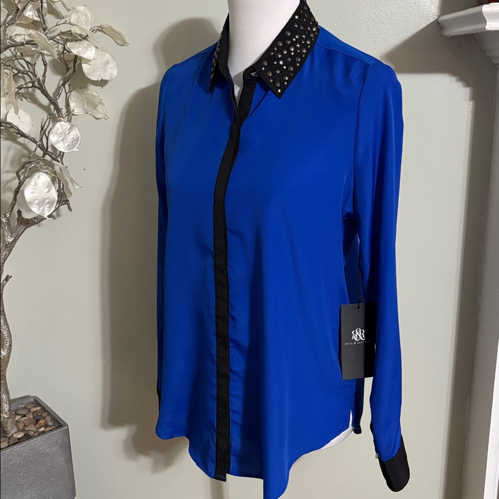 Rock & Republic Blue Button Down Shirt Black Studded Collar - Picture 3 of 6